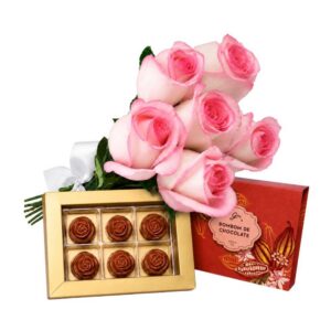 Buquê de 6 Rosas Cor de Rosa e Caixa de Bombom