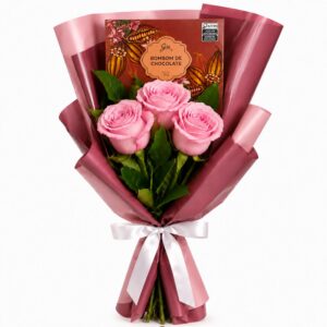 Buquê Trio de Rosas Cor de Rosa e Chocolate