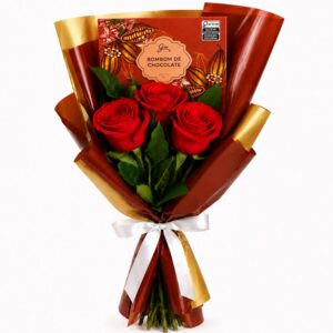 Buquê Trio de Rosas Vermelho e Chocolate