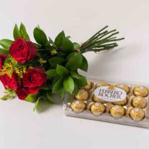 Buquê de 6 Rosas Vermelhas e Chocolates