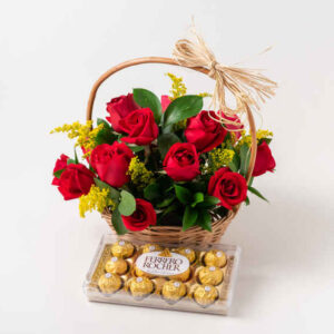Cesta com 15 Rosas Vermelhas e Chocolate