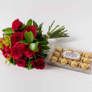 Buquê de 12 Rosas Vermelhas e Chocolate